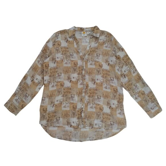 C&C California 100% Linen Beige White Printed Long-Sleeve Shirt Womens Size L. - Picture 4 of 7